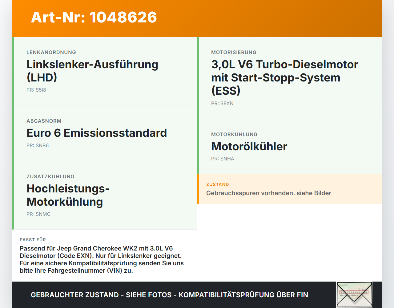 Jeep Grand Cherokee WK2 13-17 3,0d 184KW EXN Ölmessstab Öl Stab Jeep Grand Cherokee WK2 13-17 24.02.2017 gebraucht Vorschau 3