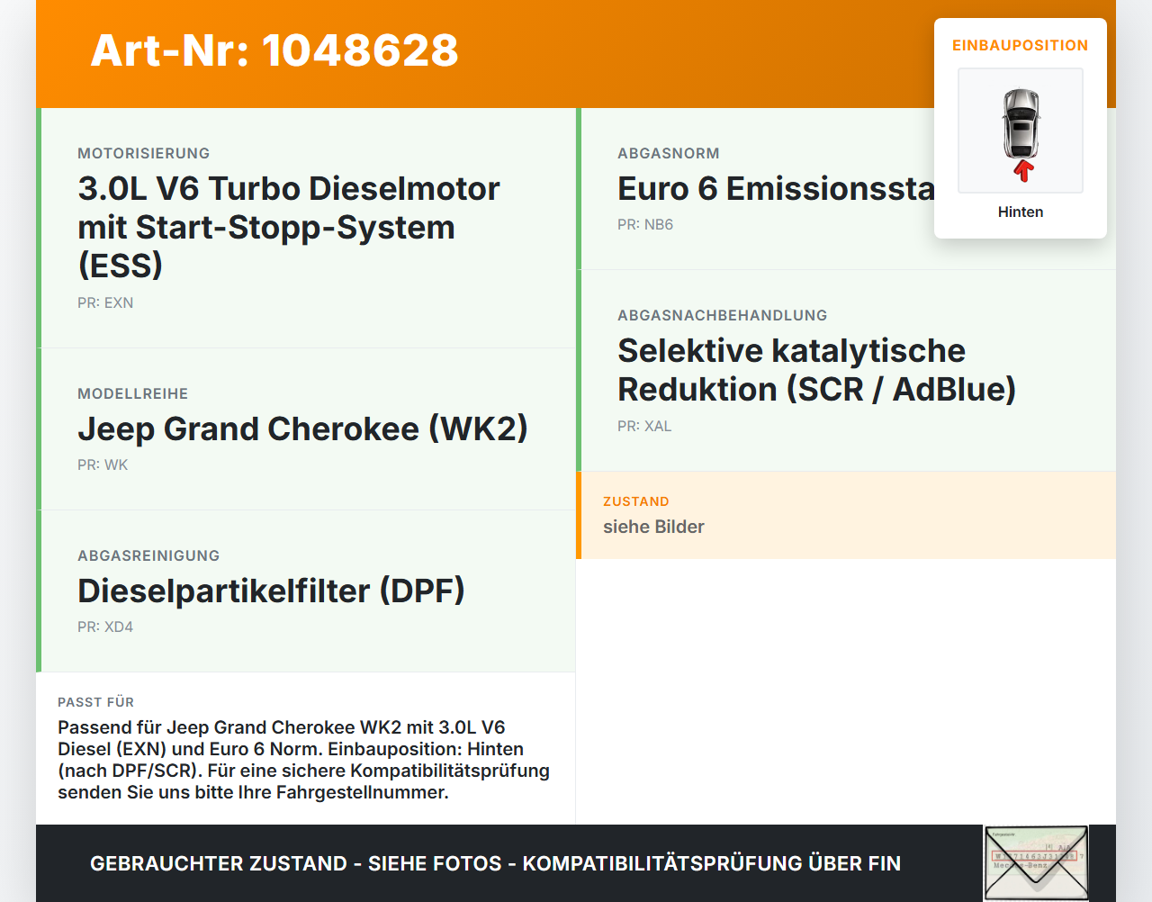 Jeep Grand Cherokee WK2 13-17 3,0d 184KW Sensor Abgastemperatursensor Abgassonde Hinten Jeep Grand Cherokee WK2... Vorschau 3