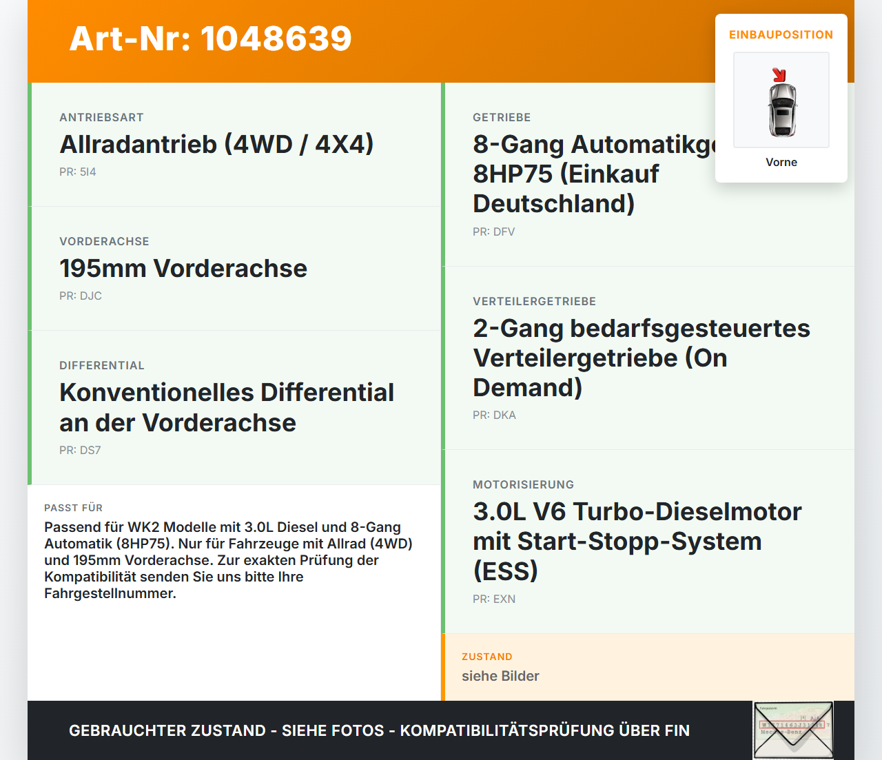 Jeep Grand Cherokee WK2 13-17 3,0d 184KW 4WD Kardanwelle Vorne Jeep Grand Cherokee WK2 13-17 24.02.2017 gebraucht Vorschau 3