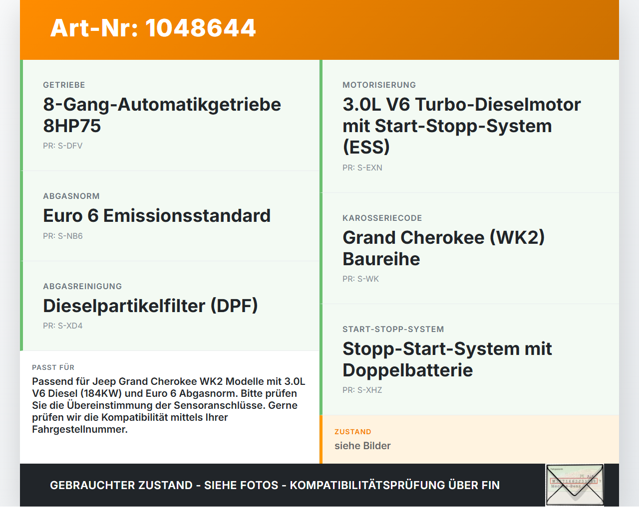 Jeep Grand Cherokee WK2 13-17 3,0d 184KW Drucksensor Jeep Grand Cherokee WK2 13-17 24.02.2017 gebraucht Vorschau 3
