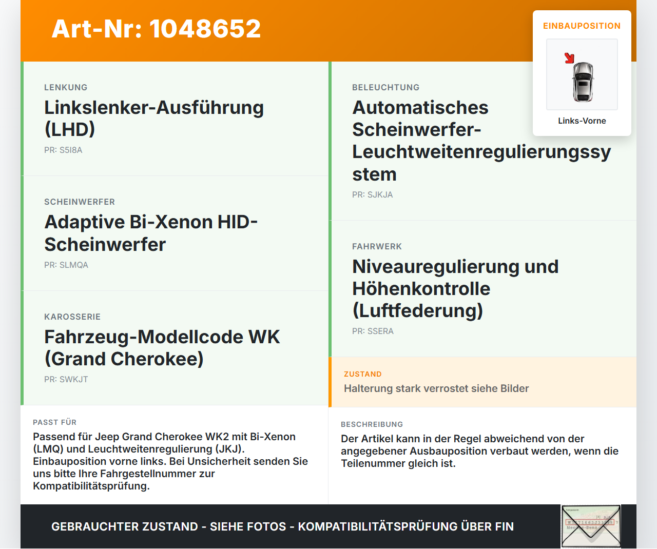 Jeep Grand Cherokee WK2 13-17 Niveausensor Xenon LWR Sensor Neigung Links Vorne Jeep Grand Cherokee WK2 13-17... Vorschau 3