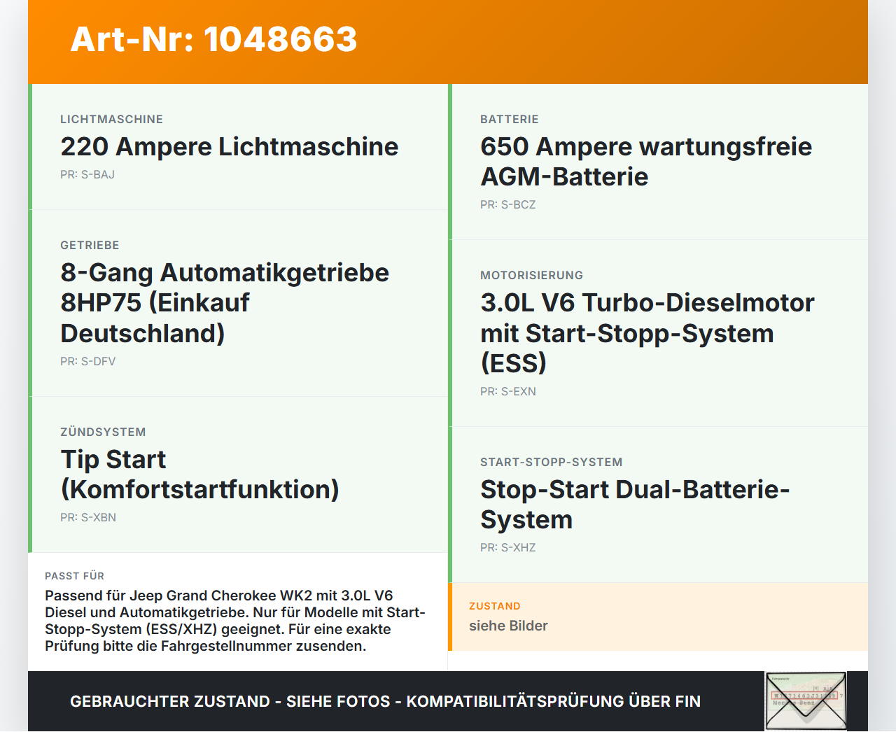 Jeep Grand Cherokee WK2 13-17 3,0d 184KW Autom Anlasser Starter Jeep Grand Cherokee WK2 13-17 24.02.2017 56029667AB... Vorschau 3
