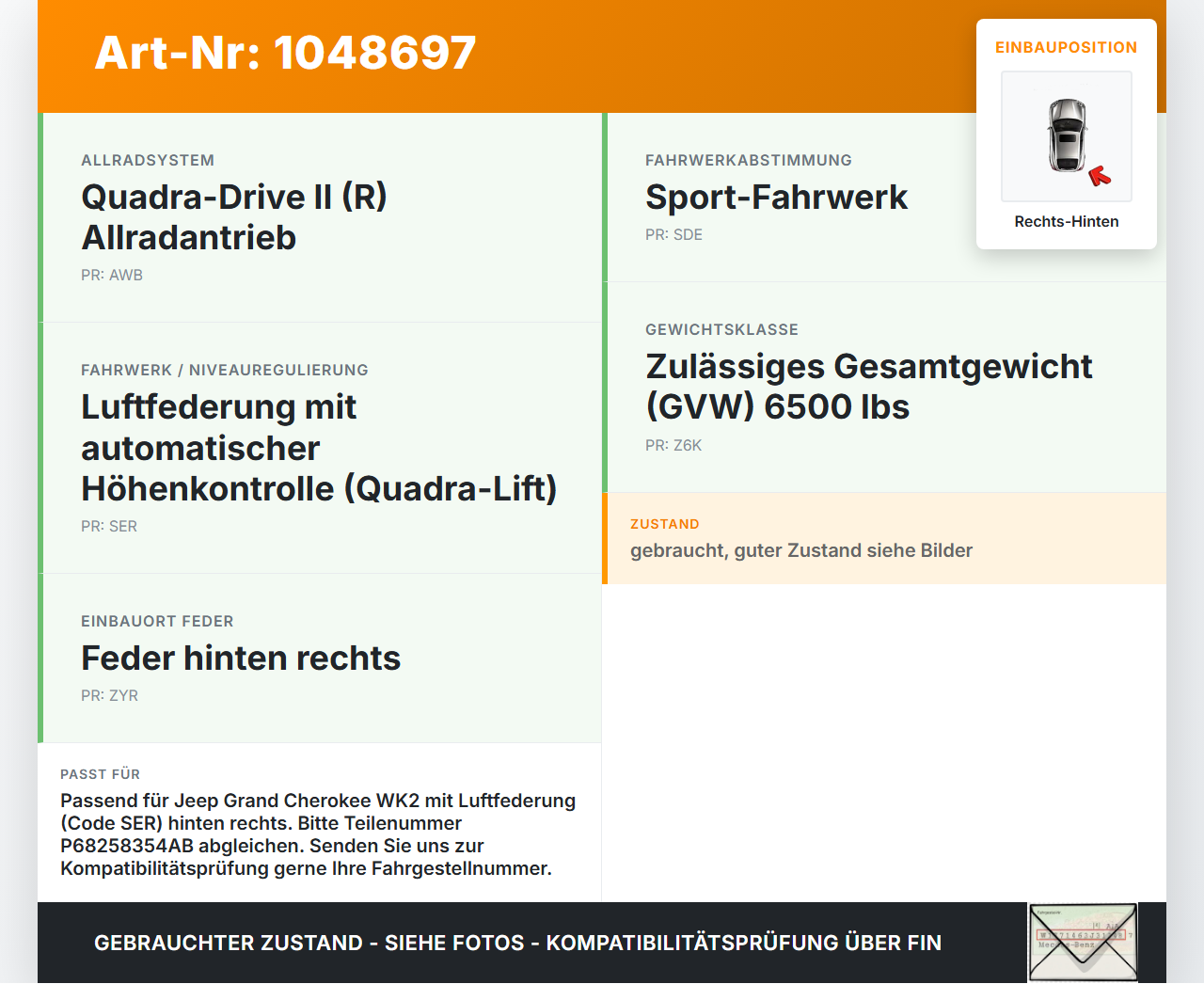 Jeep Grand Cherokee WK2 13-17 Feder Federbalg Luftfeder Hinten Rechts Jeep Grand Cherokee WK2 13-17 24.02.2017... Vorschau 3