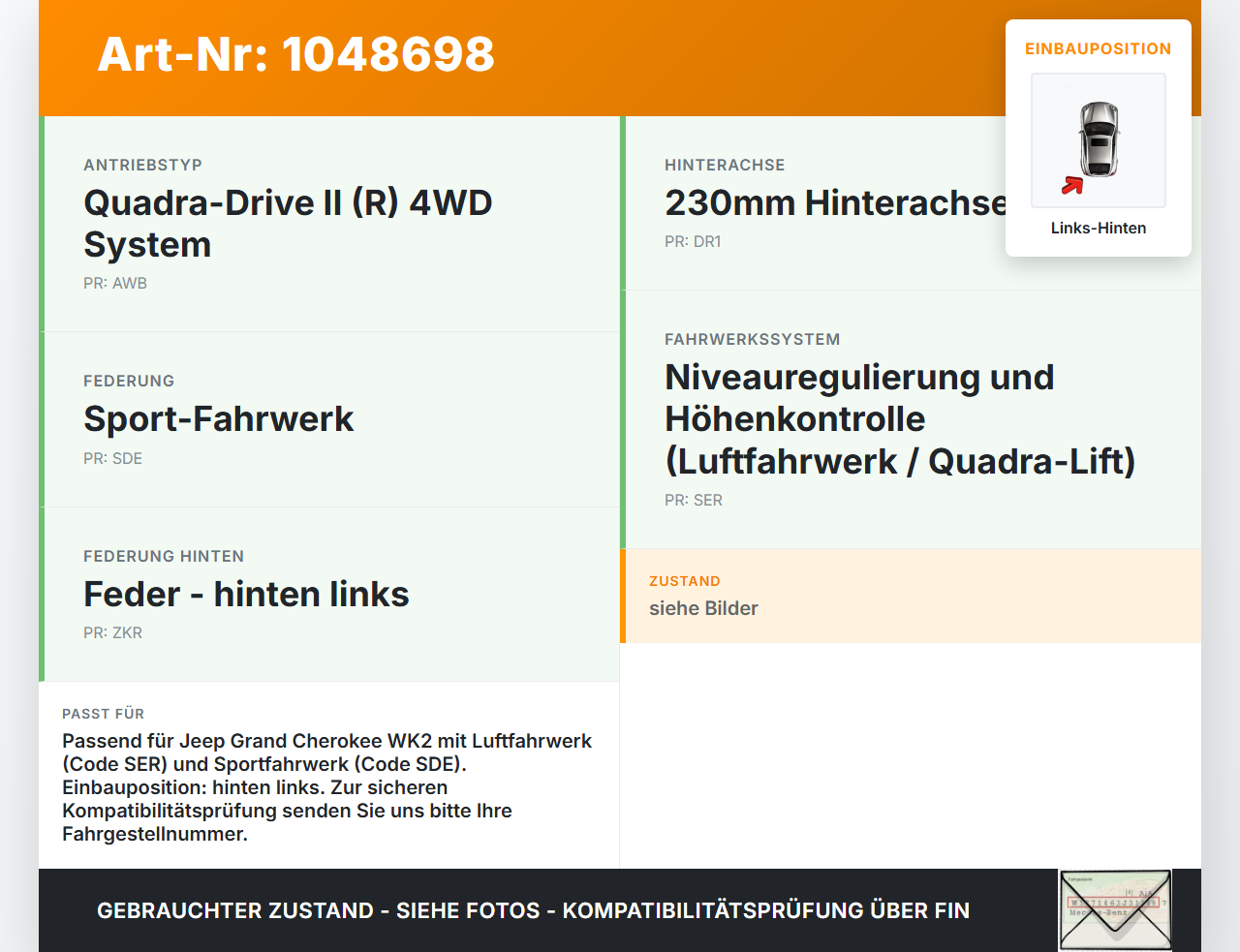 Jeep Grand Cherokee WK2 13-17 Feder Hinten Links Luftbalg Luftfahrwerk Jeep Grand Cherokee WK2 13-17 24.02.2017... Vorschau 3