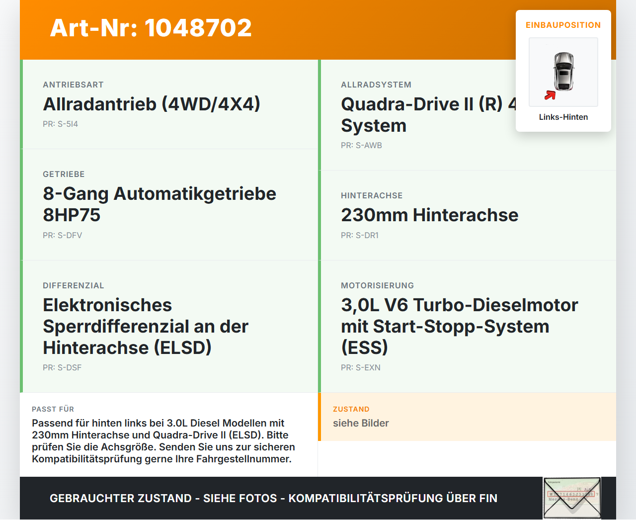 Jeep Grand Cherokee WK2 13-17  3,0d 184KW 4WD Antriebswelle Gelenkwelle Hinten Links Jeep Grand Cherokee WK2 13-17... Vorschau 3