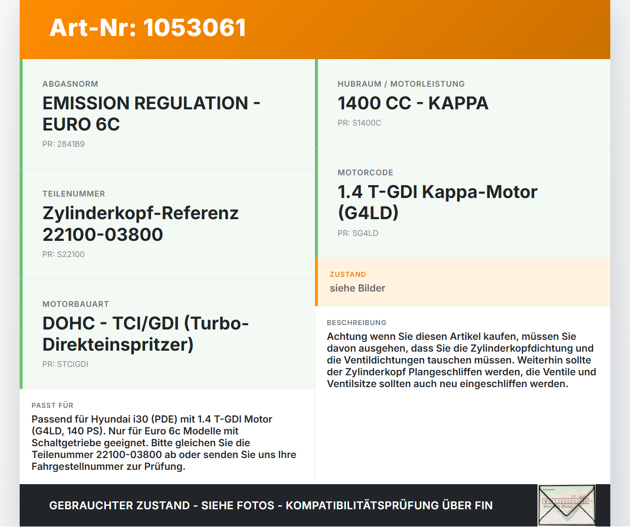 Hyundai PDE 17-20 1,4i 103KW G4LD Zylinderkopf Hyundai PDE 17-20 28.03.2019 22100-03800 gebraucht Vorschau 3