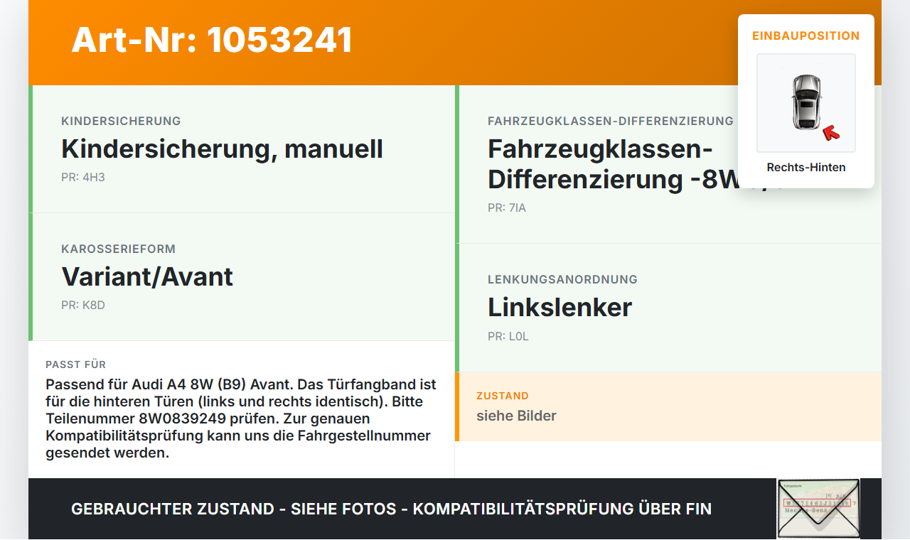 Audi A4 8W B9 15-19 Kombi Türfangband Türbremse Türanschlag Rechts Hinten Audi A4 8W B9 15-19 05.04.2016 8W0839249... Vorschau 3