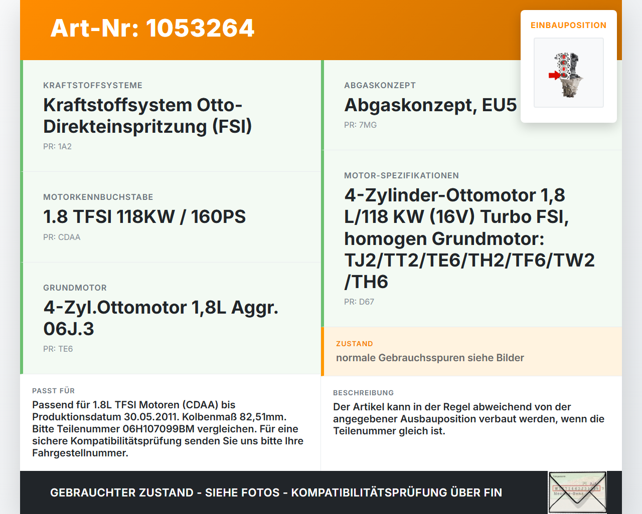 VW Passat 3C B7 10-14 TFSI 1,8 118KW CDAA Kolben mit Pleuel Pos A VW Passat 3C B7 10-14 21.03.2011 06H107065CP gebraucht Vorschau 3
