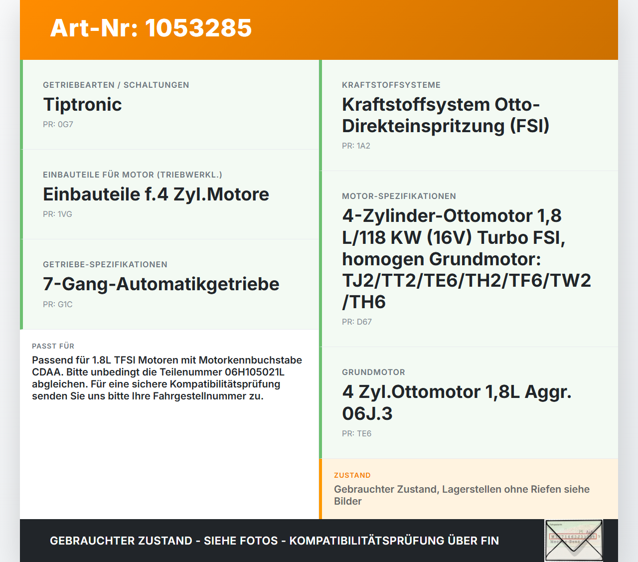 VW Passat 3C B7 10-14 TFSI 1,8 118KW CDAA Kurbelwelle VW Passat 3C B7 10-14 21.03.2011 06H105021L gebraucht Vorschau 3