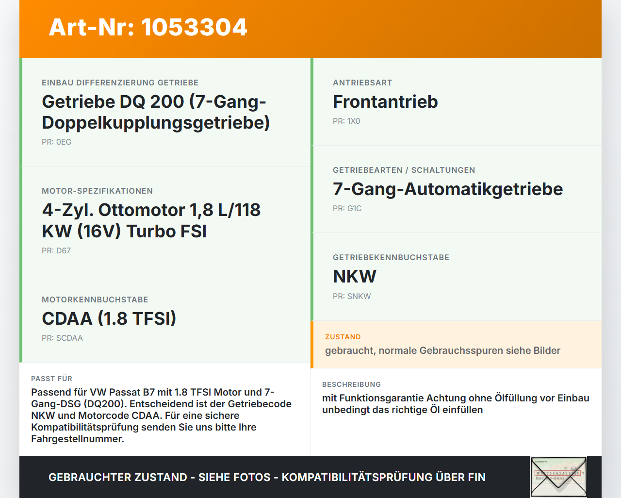 VW Passat 3C B7 10-14 TFSI 1,8 118KW NKW Automatikgetriebe Getriebe ohne Wandler VW Passat 3C B7 10-14 21.03.2011... Vorschau 3