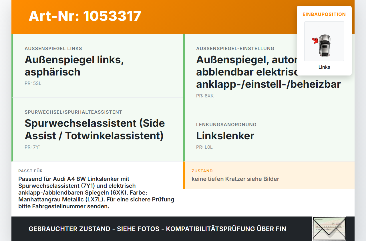 Audi A4 8W B9 15-19 Spiegel Aussenspiegel Links Elektrochrom Totwinkelassistent LX7L Audi A4 8W B9 15-19 05.04.2016... Vorschau 3