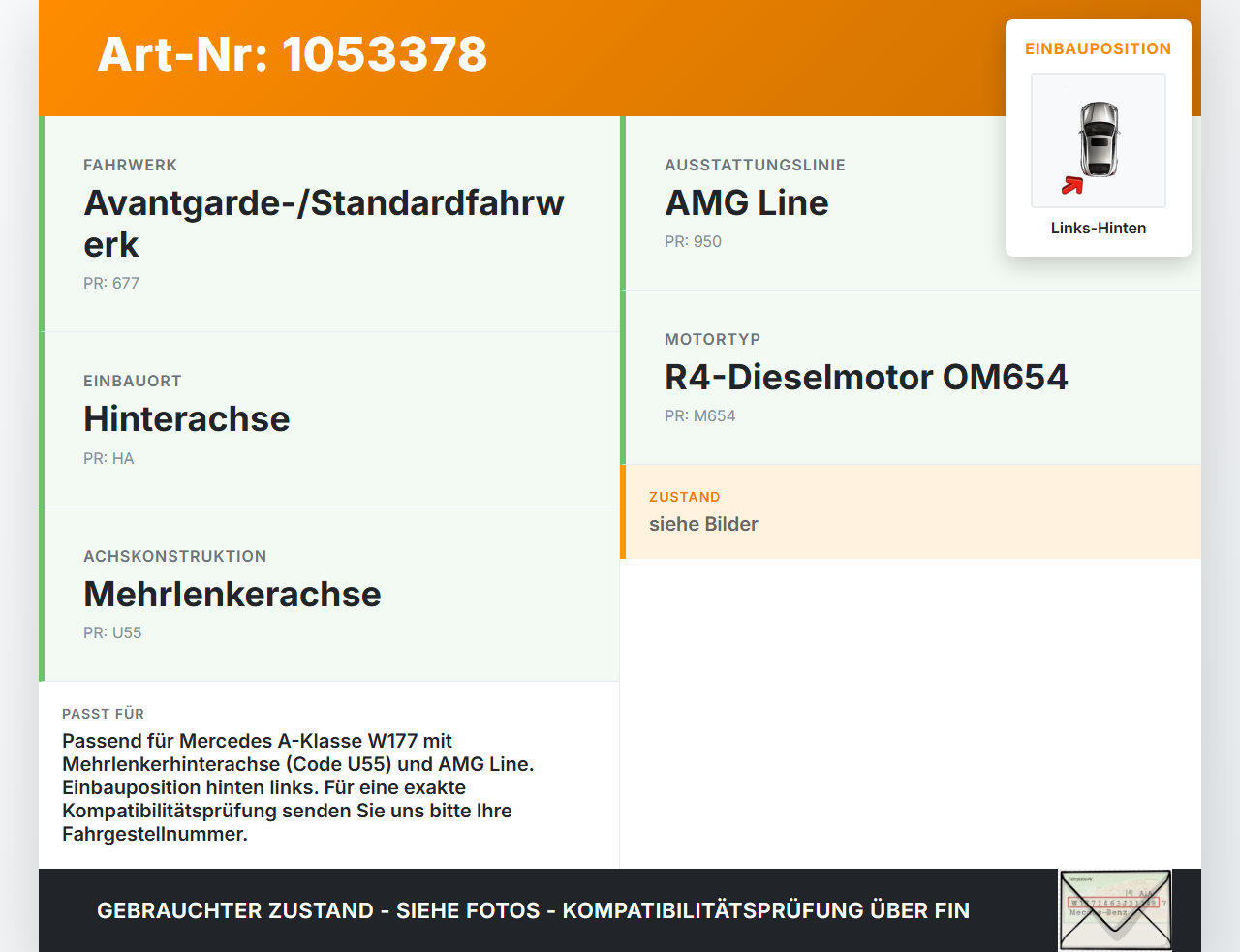 Mercedes W177 A200d 18-22 2,0d 110KW Längslenker Links Hinten Mercedes W177 A200d 18-22 12.07.2019 A1773504301 gebraucht Vorschau 3