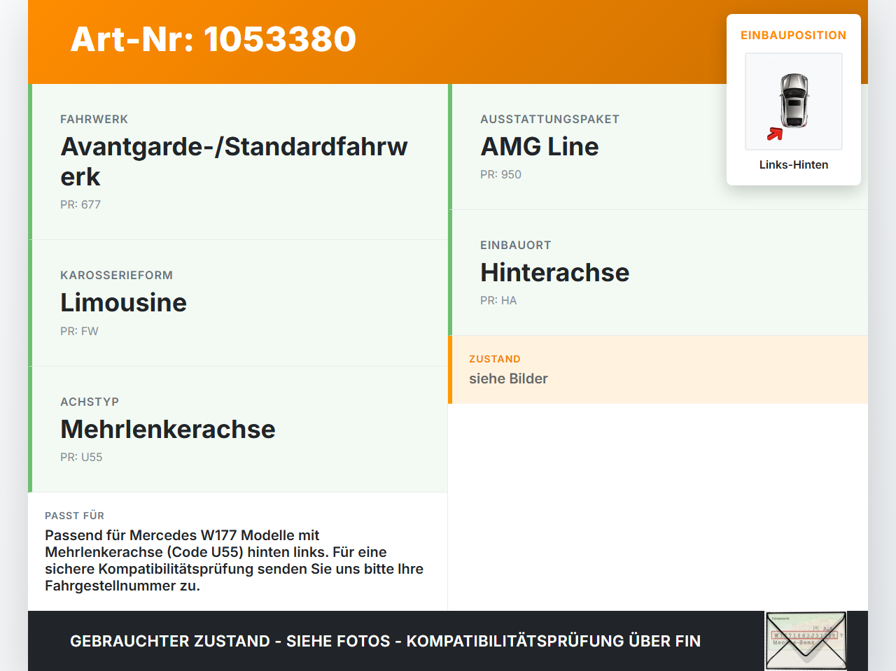 Mercedes W177 A200d 18-22 Lim 2,0d 110KW Achsschenkel Radnabe Links Hinten Mercedes W177 A200d 18-22 12.07.2019... Vorschau 3