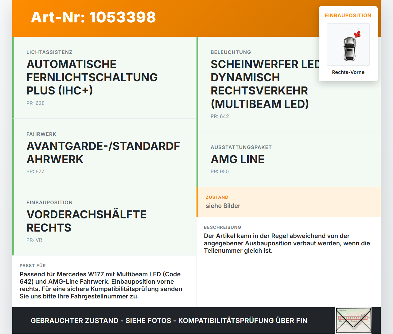 Mercedes W177 A200d 18-22 Niveausensor Xenon LWR Sensor Neigung Rechts Vorne Mercedes W177 A200d 18-22 12.07.2019... Vorschau 3