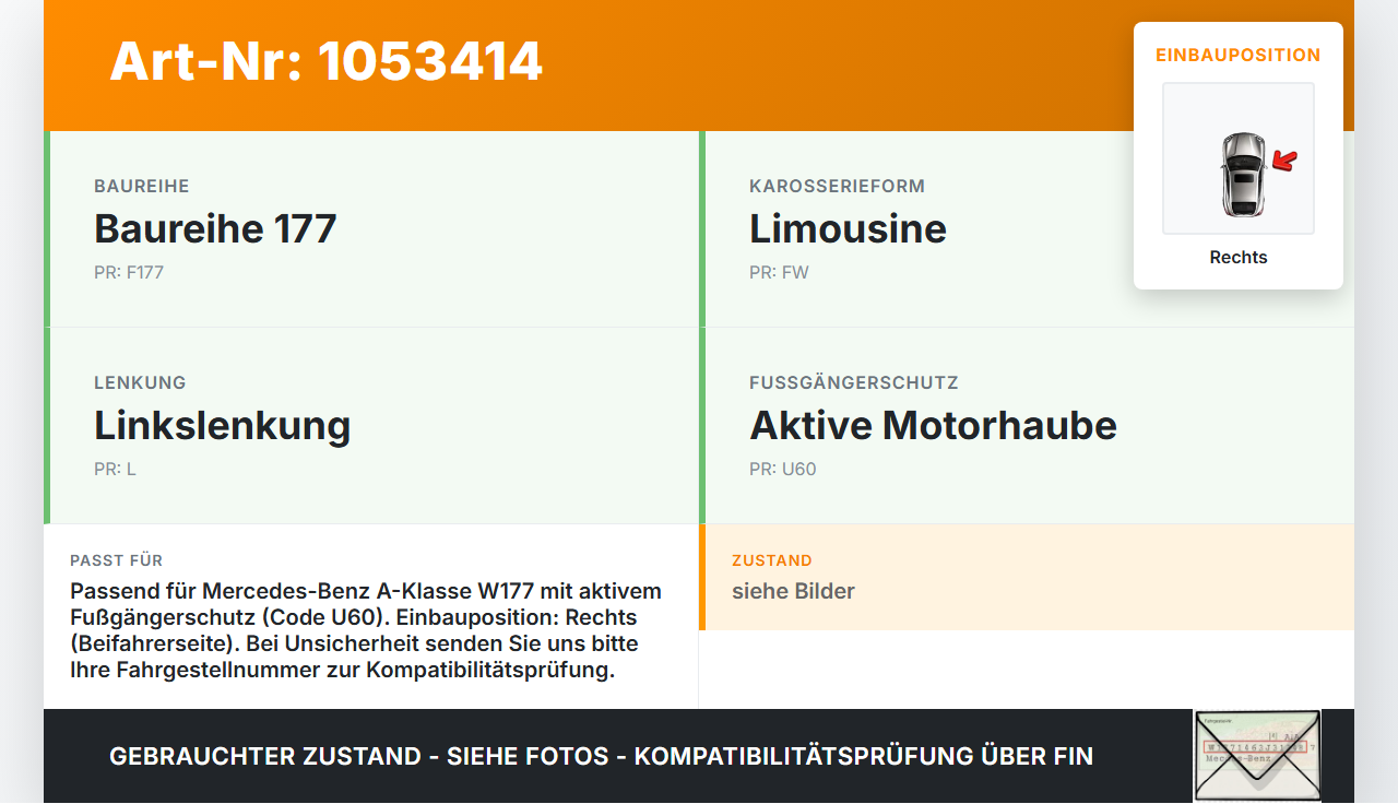Mercedes W177 A200d 18-22 SRS Passantenschutz Actuator Fußgängerschutz für Motorhaube Rechts Mercedes W177 A200d... Vorschau 3