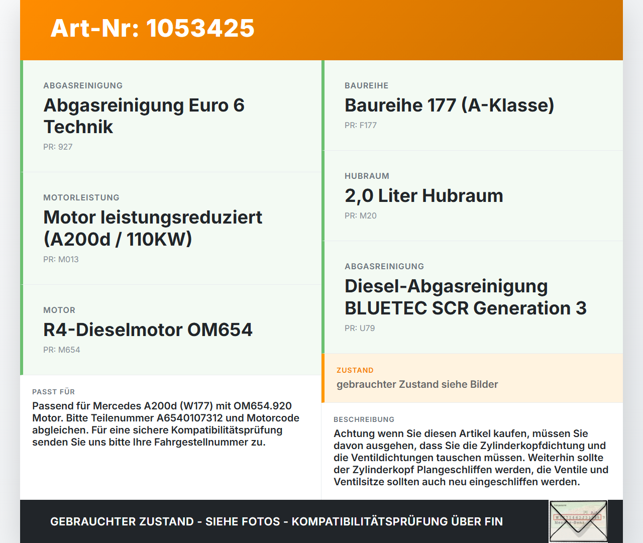 Mercedes W177 A200d 18-22 2,0d 110KW 654920 Zylinderkopf Mercedes W177 A200d 18-22 12.07.2019 A6540107312 gebraucht Vorschau 3