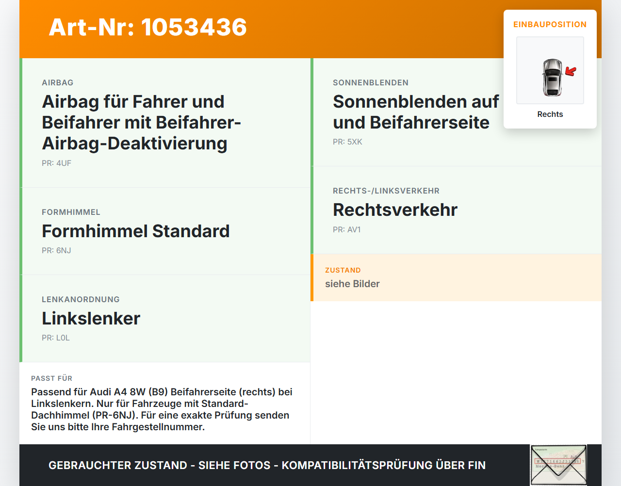 Audi A4 8W B9 15-19 Sonnenblende Rechts für Beifahrer Audi A4 8W B9 15-19 05.04.2016 8W0857552A gebraucht Vorschau 3