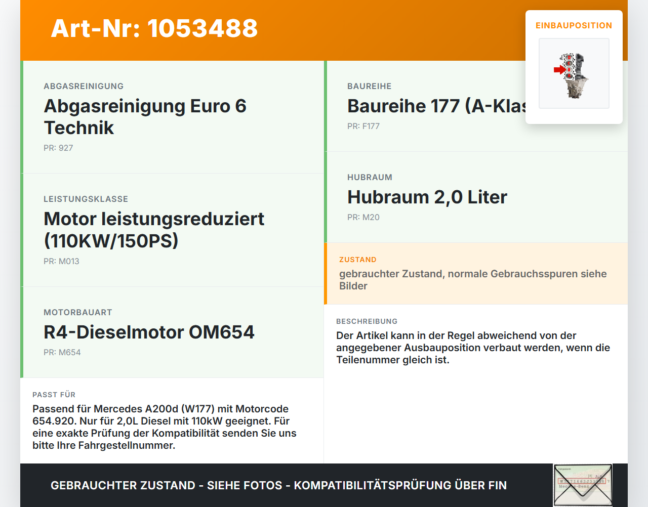 Mercedes W177 A200d 18-22 2,0d 110KW 654920 Kolben mit Pleuel Pos B Mercedes W177 A200d 18-22 12.07.2019... Vorschau 3