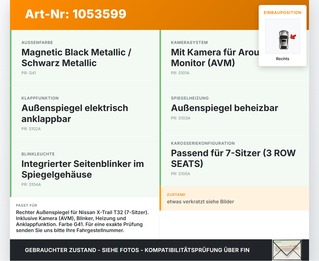 Nissan X-Trail T32 14-17 Aussenspiegel mit Kamera Blinker beheizbar Rechts Nissan X-Trail T32 14-17 09.03.2015... Vorschau 3
