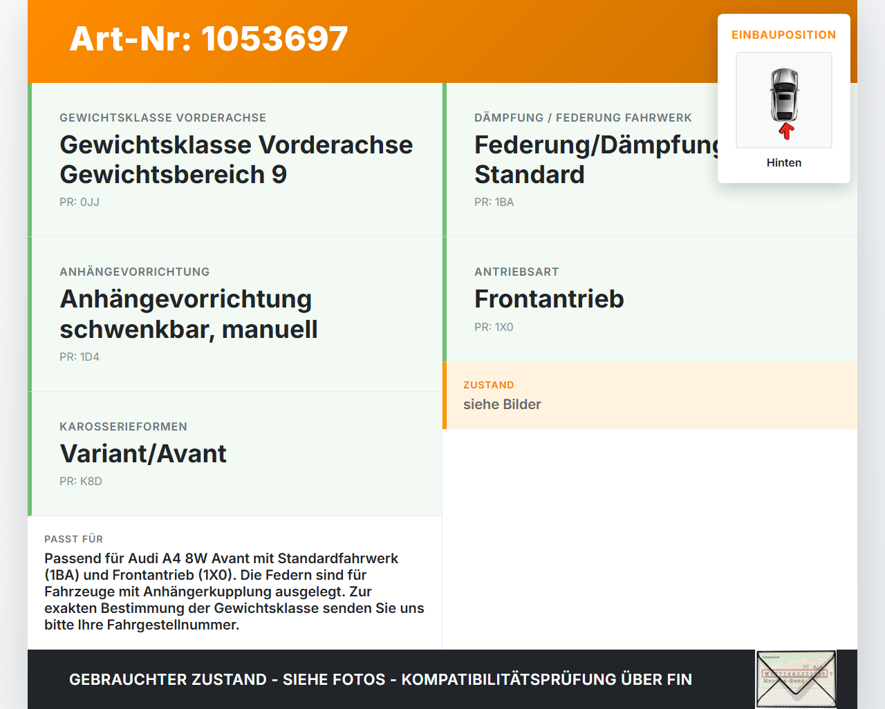 Audi A4 8W B9 15-19 Kombi Beide Feder Federn Hinten Audi A4 8W B9 15-19 05.04.2016 8W0511115EC gebraucht Vorschau 3