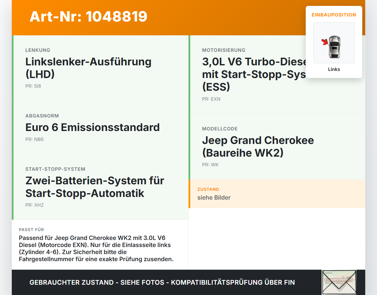 Jeep Grand Cherokee WK2 13-17 3,0d 184KW EXN Nockenwelle Einlass Links 4-6 Jeep Grand Cherokee WK2 13-17 24.02.2017... Vorschau 3