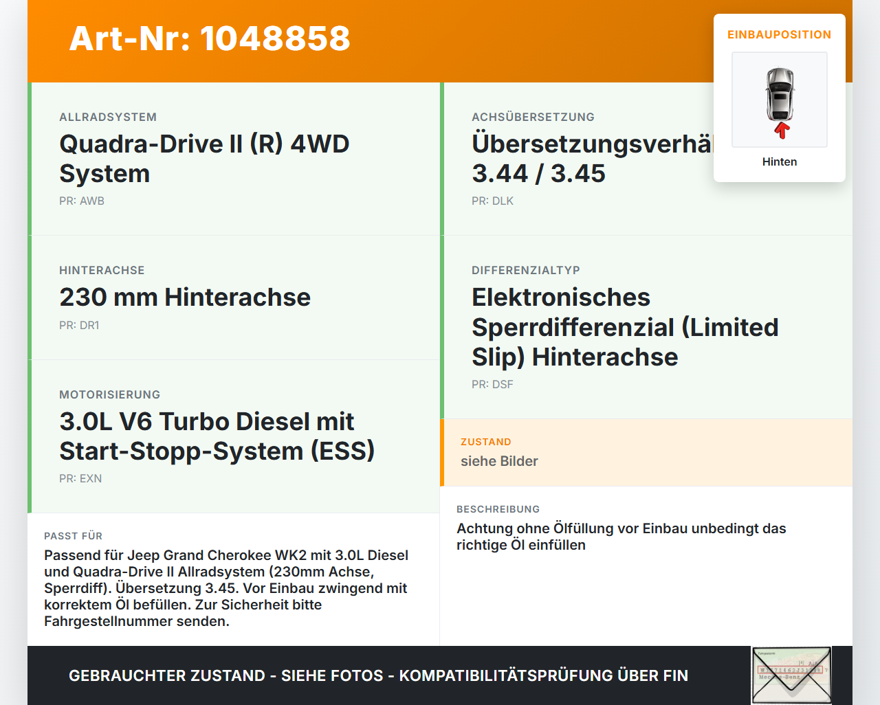 Jeep Grand Cherokee WK2 13-17 3,0d 184KW 4WD Differential Hinterachsgetriebe Hinten 3.45 Jeep Grand Cherokee WK2... Vorschau 3