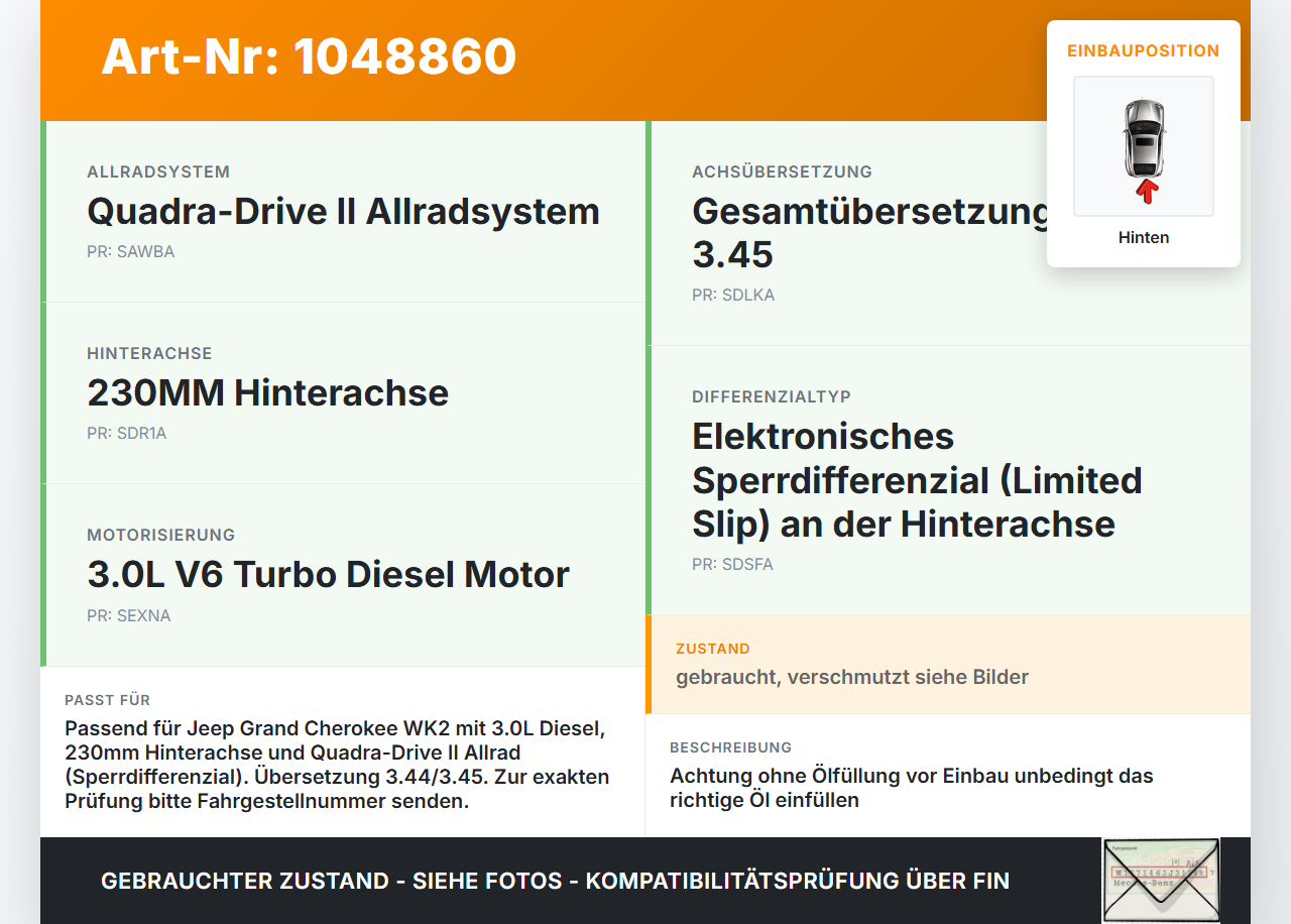Jeep Grand Cherokee WK2 13-17 3,0d 184KW 4WD Differential Hinterachsgetriebe Hinten 3.45 Jeep Grand Cherokee WK2... Vorschau 3