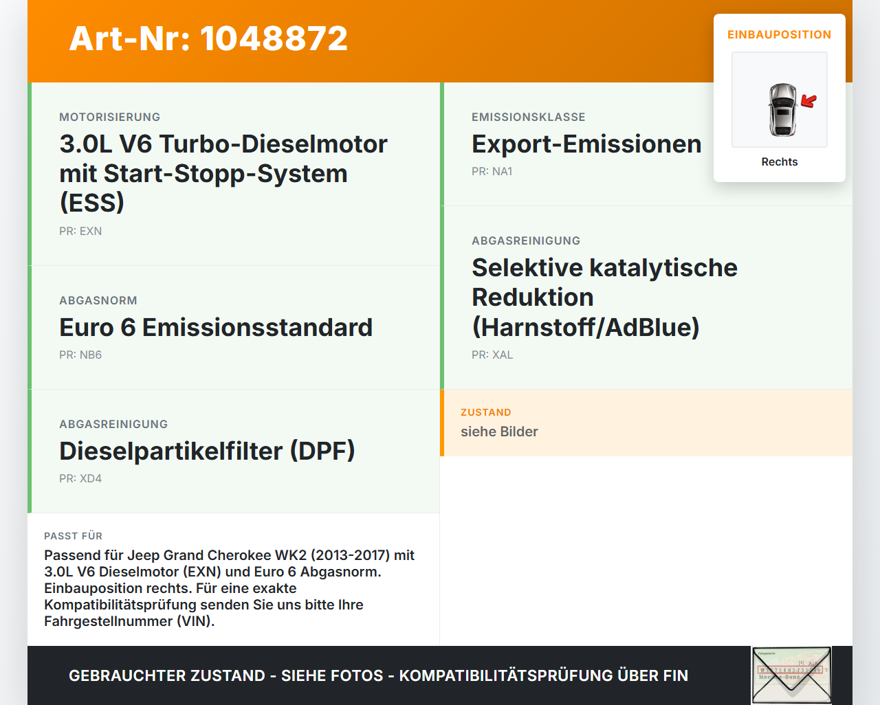 Jeep Grand Cherokee WK2 13-17 3,0d 184KW Sensor Abgastemperatursensor Abgassonde Rechts Jeep Grand Cherokee WK2... Vorschau 3