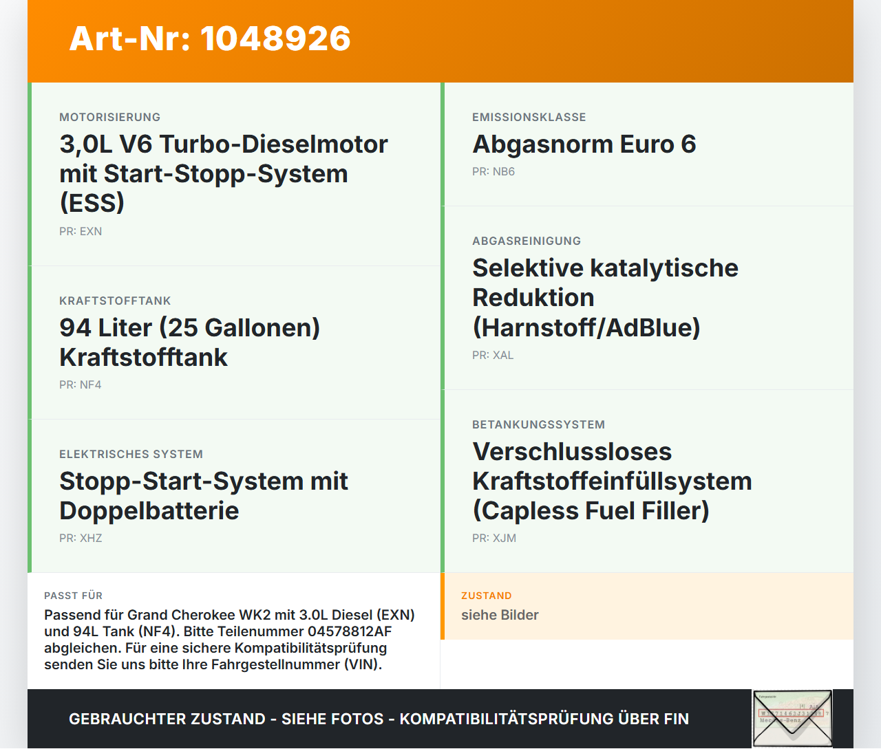 Jeep Grand Cherokee WK2 13-17 3,0d 184KW Tankgeber Tankeinheit Jeep Grand Cherokee WK2 13-17 24.02.2017 04578812AF... Vorschau 3
