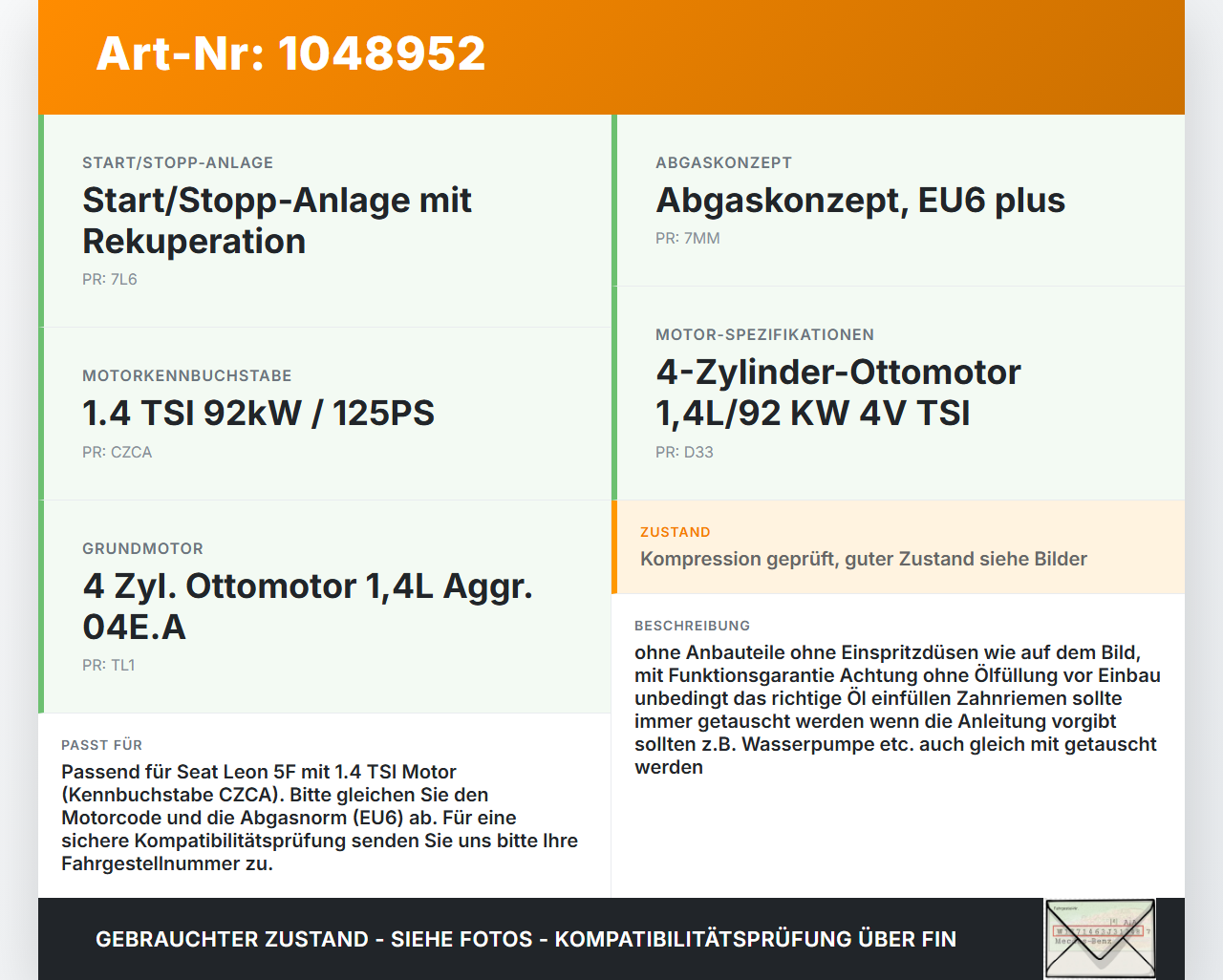 Seat Leon 5F 12-16 TSI 1,4 80KW CZCA Motor Triebwerk Seat Leon 5F 12-16 17.12.2015 04E100034E 04E103023AE gebraucht Vorschau 3