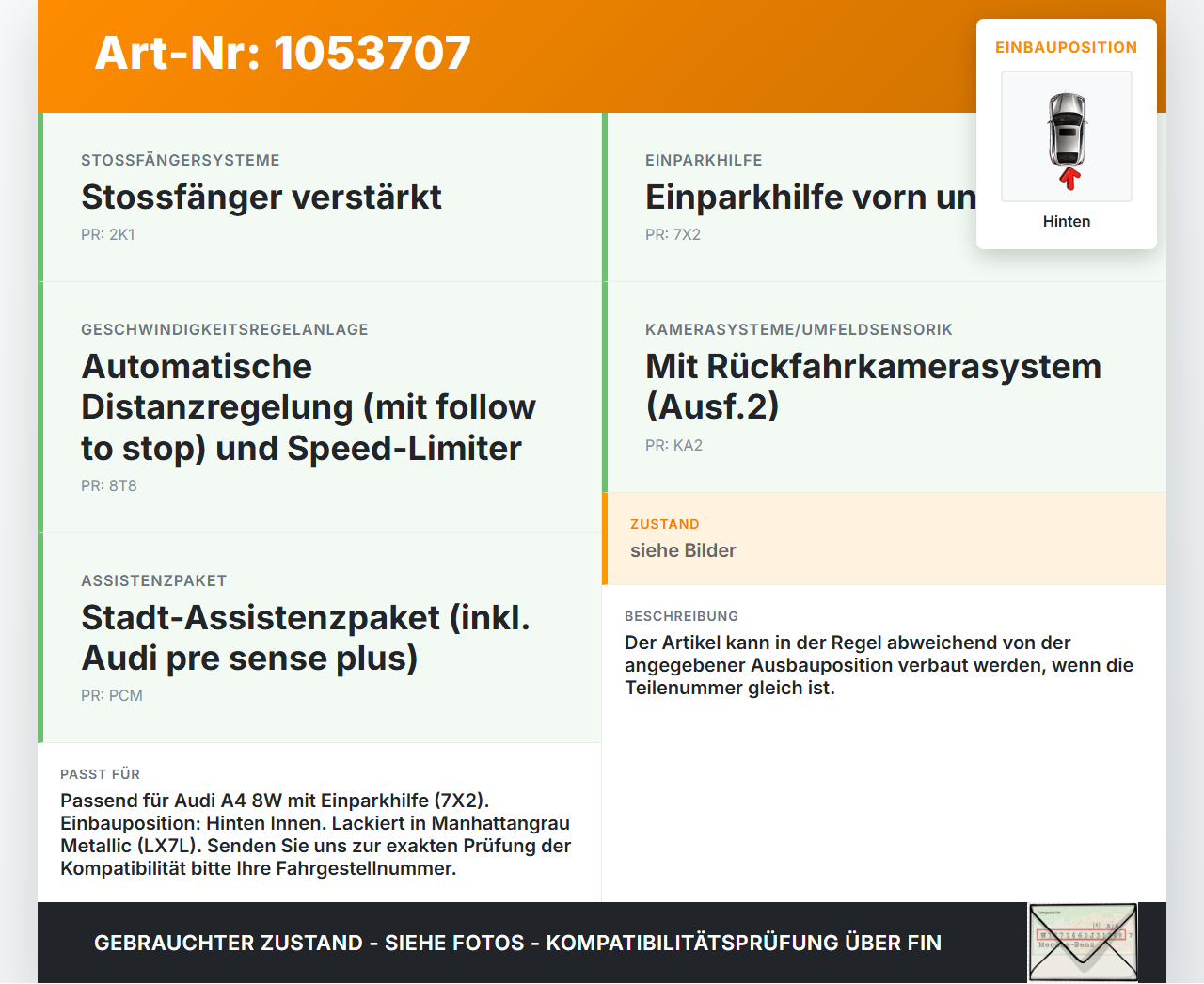 Audi A4 8W B9 15-19 Abstands Sensor Parksensor PDC Hinten Innen LX7L Audi A4 8W B9 15-19 05.04.2016 5Q0919275B gebraucht Vorschau 3