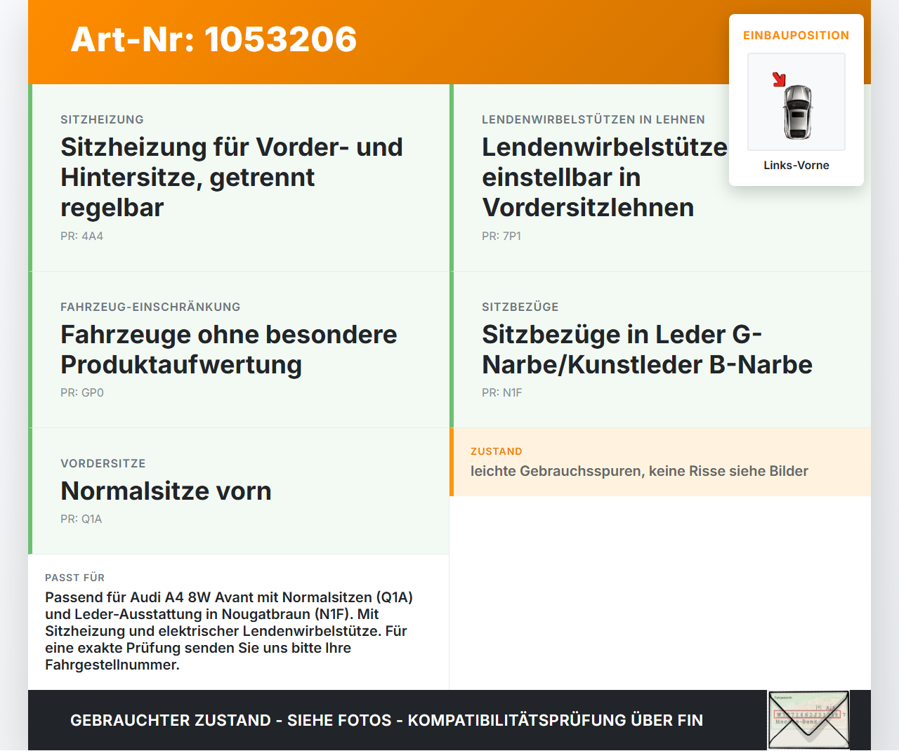 Audi A4 8W B9 15-19 Kombi Sitzbezug Sitzpolster für Fahrersitz Sitz Links Vorne beheizt Leder Audi A4 8W B9 15-19... Vorschau 3