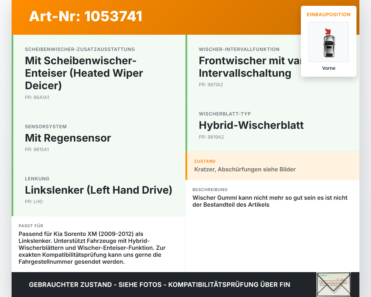 Kia Sorento XM 09-12 2x Scheibenwischer Wischarm Vorne Kia Sorento XM 09-12 19.05.2010 983102P000 gebraucht Vorschau 3