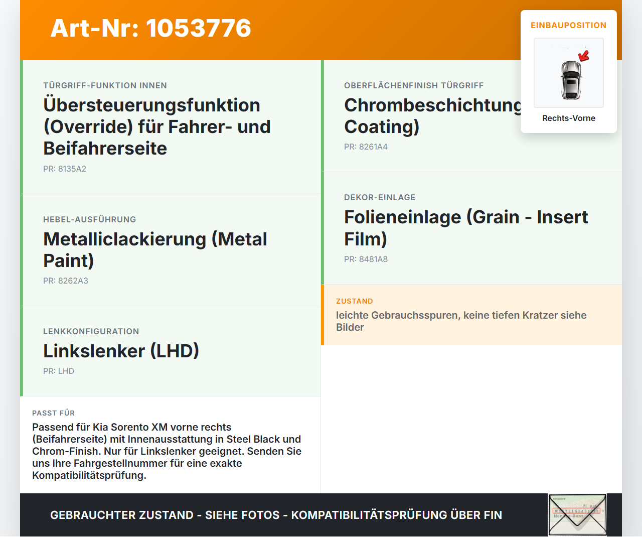 Kia Sorento XM 09-12 Türgriff Griffmuschel Griff Innen Rechts Vorne Limited Kia Sorento XM 09-12 19.05.2010... Vorschau 3