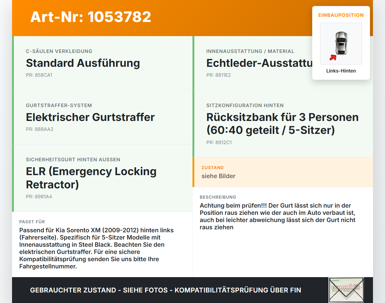Kia Sorento XM 09-12 Gurt Sicherheitsgurt Gurtstraffer Links Hinten Kia Sorento XM 09-12 19.05.2010 898102P010VA... Vorschau 3