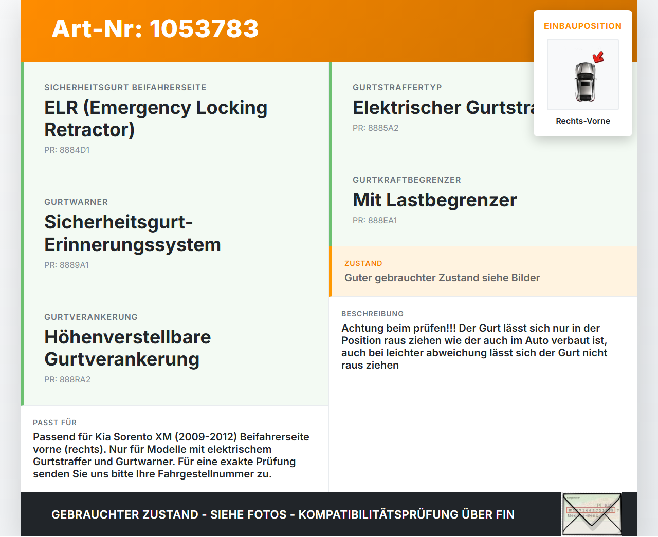 Kia Sorento XM 09-12 Gurt Sicherheitsgurt Gurtstraffer für Beifahrer Rechts Vorne Kia Sorento XM 09-12 19.05.2010... Vorschau 3
