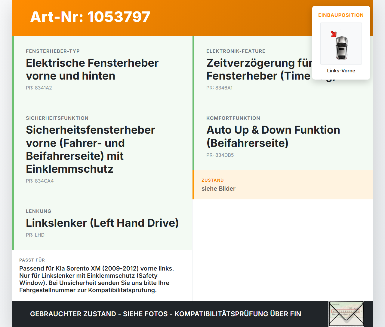 Kia Sorento XM 09-12 Fensterhebermotor Links Vorne Kia Sorento XM 09-12 19.05.2010 824502P010 gebraucht Vorschau 3