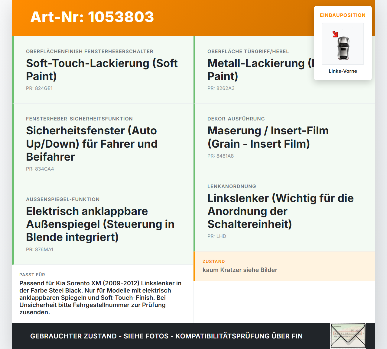 Kia Sorento XM 09-12 Blende Innen Einbaurahmen für Fensterheberschalter Links Vorne Kia Sorento XM 09-12 19.05.2010... Vorschau 3