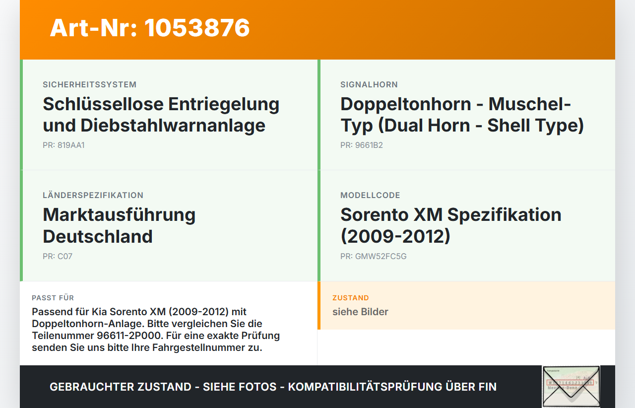 Kia Sorento XM 09-12 Hupe Signalhorn Tieftöner Kia Sorento XM 09-12 19.05.2010 966112P000 0055306 gebraucht Vorschau 3