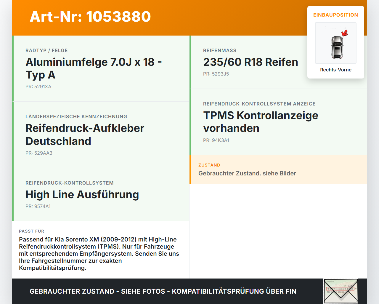 Kia Sorento XM 09-12 Reifendruck Sensor Radsensor Reifendrucksensor Vorne Rechts Kia Sorento XM 09-12 19.05.2010... Vorschau 3