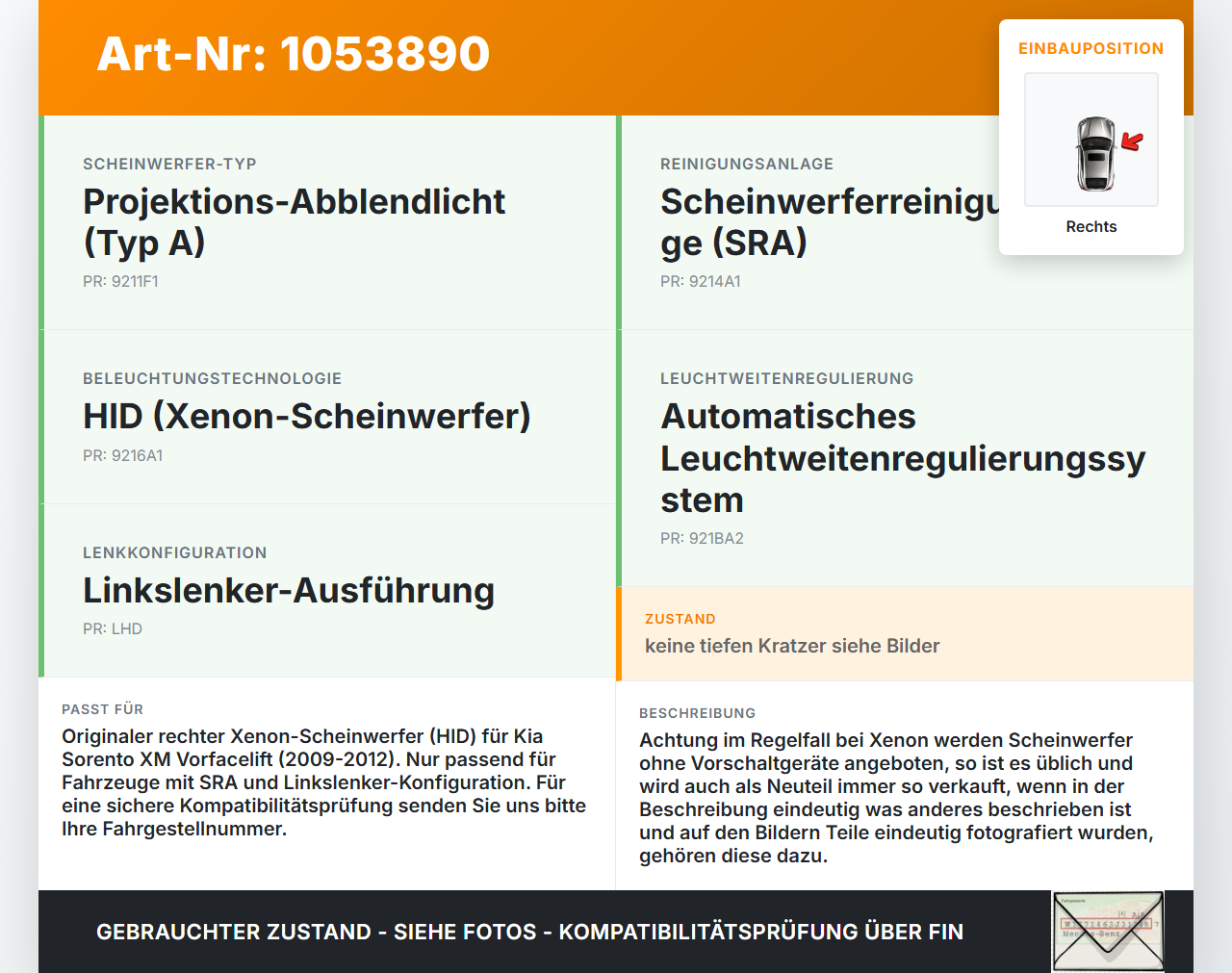 Kia Sorento XM 09-12 Xenon Scheinwerfer Frontscheinwerfer Rechts orig. Kia Sorento XM 09-12 19.05.2010 921022P110... Vorschau 3