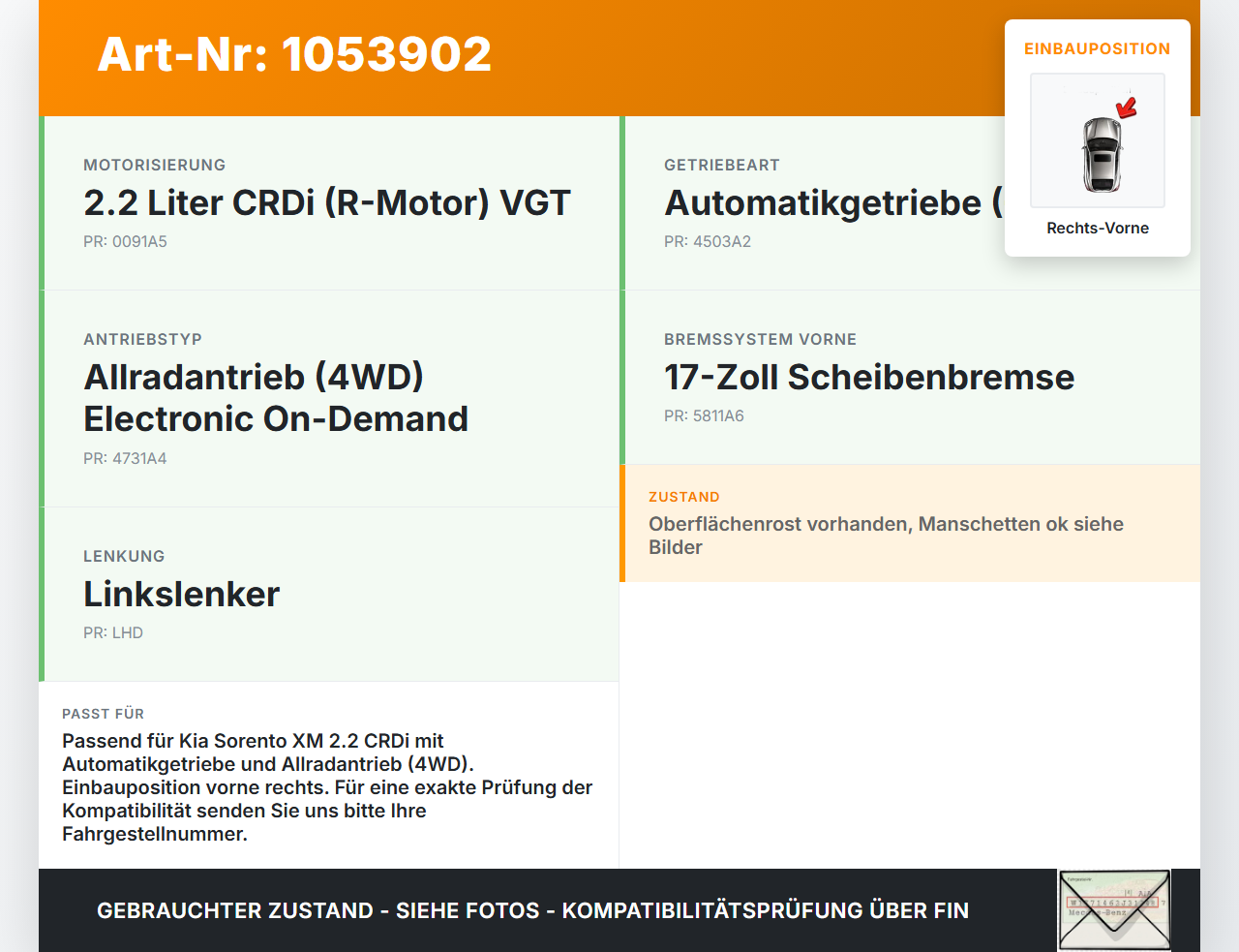 Kia Sorento XM 09-12 CRDi 2,2 145KW Autom 4WD Antriebswelle Gelenkwelle Rechts Vorne Kia Sorento XM 09-12... Vorschau 3