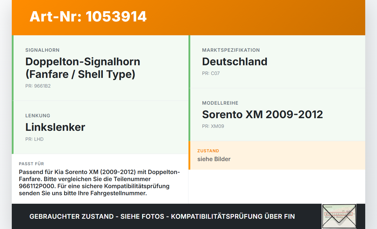 Kia Sorento XM 09-12 Hupe Signalhorn Kia Sorento XM 09-12 19.05.2010 966112P000 gebraucht Vorschau 3