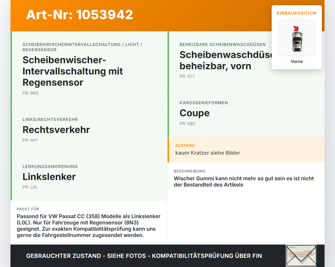 VW Passat CC 358 12-16 2x Scheibenwischer Wischarm Vorne VW Passat CC 358 12-16 10.04.2013 3C8955409B gebraucht Vorschau 3