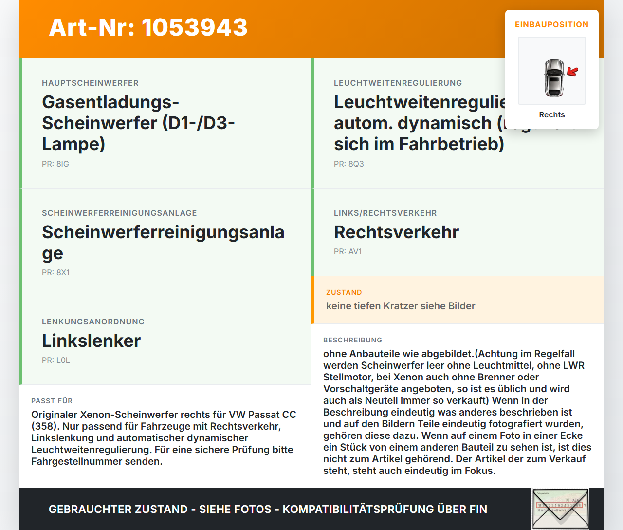 VW Passat CC 358 12-16 Xenon Scheinwerfer Frontscheinwerfer Rechts orig. 1 VW Passat CC 358 12-16 10.04.2013... Vorschau 3