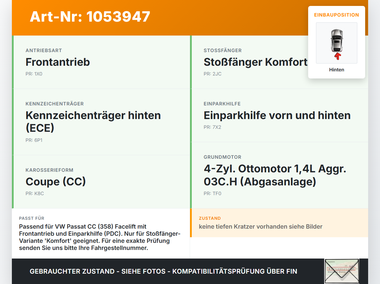 VW Passat CC 358 12-16 Coupe Unterteil für Stoßstange Stoßfänger Heckstosstange Hinten LK7X VW Passat CC 358 12-16... Vorschau 3