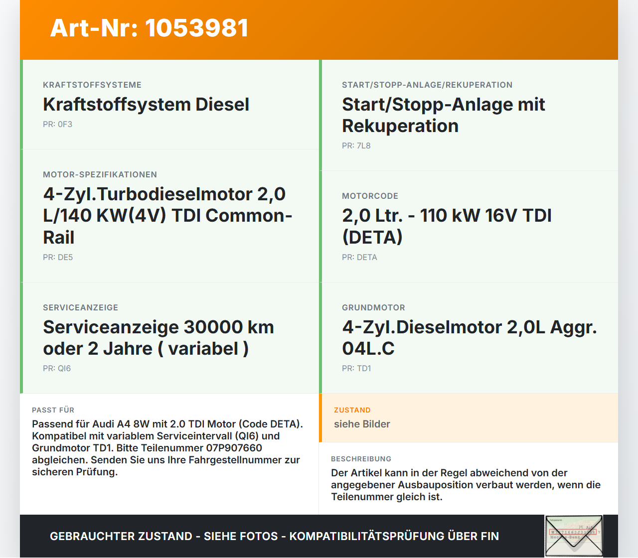 Audi A4 8W B9 15-19 TDI 2,0 110KW DETA Ölstandsensor Audi A4 8W B9 15-19 05.04.2016 07P907660 6PR010418-07 gebraucht Vorschau 3
