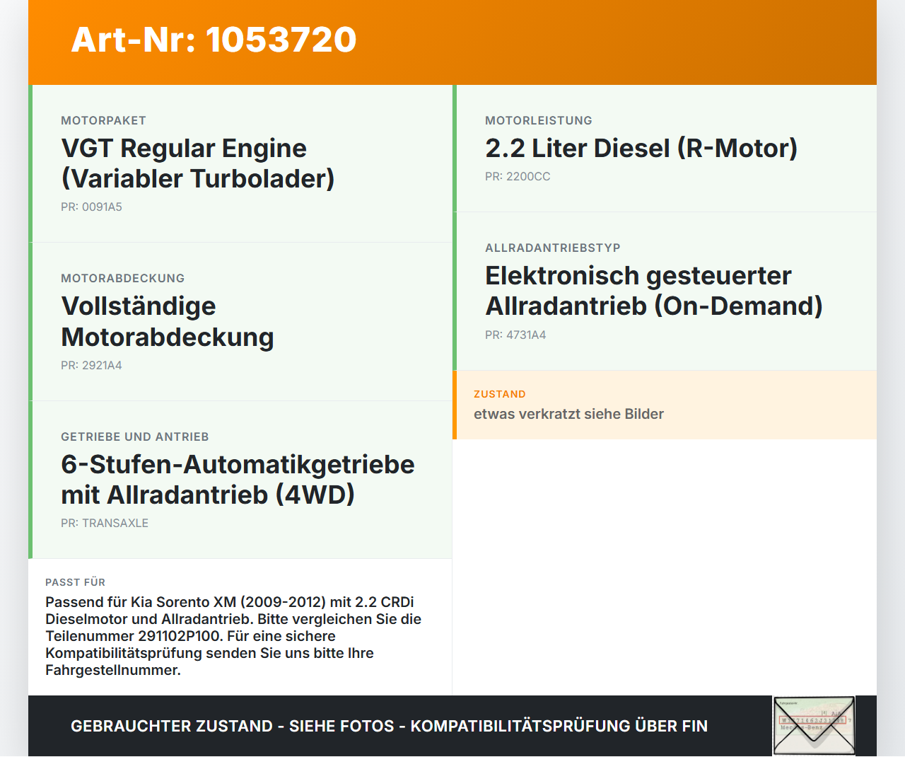 Kia Sorento XM 09-12 CRDi 2,2 145KW Unterfahrschutz für Motor Kia Sorento XM 09-12 19.05.2010 291102P100 gebraucht Vorschau 3