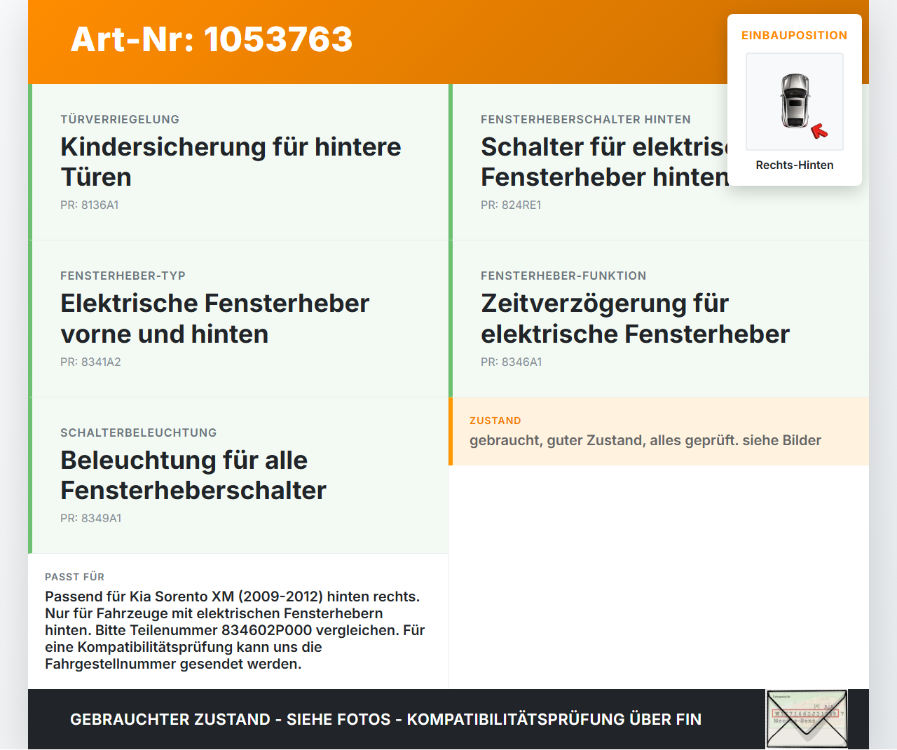 Kia Sorento XM 09-12 Fensterhebermotor Rechts Hinten Kia Sorento XM 09-12 19.05.2010 834602P000 0522ER gebraucht Vorschau 3