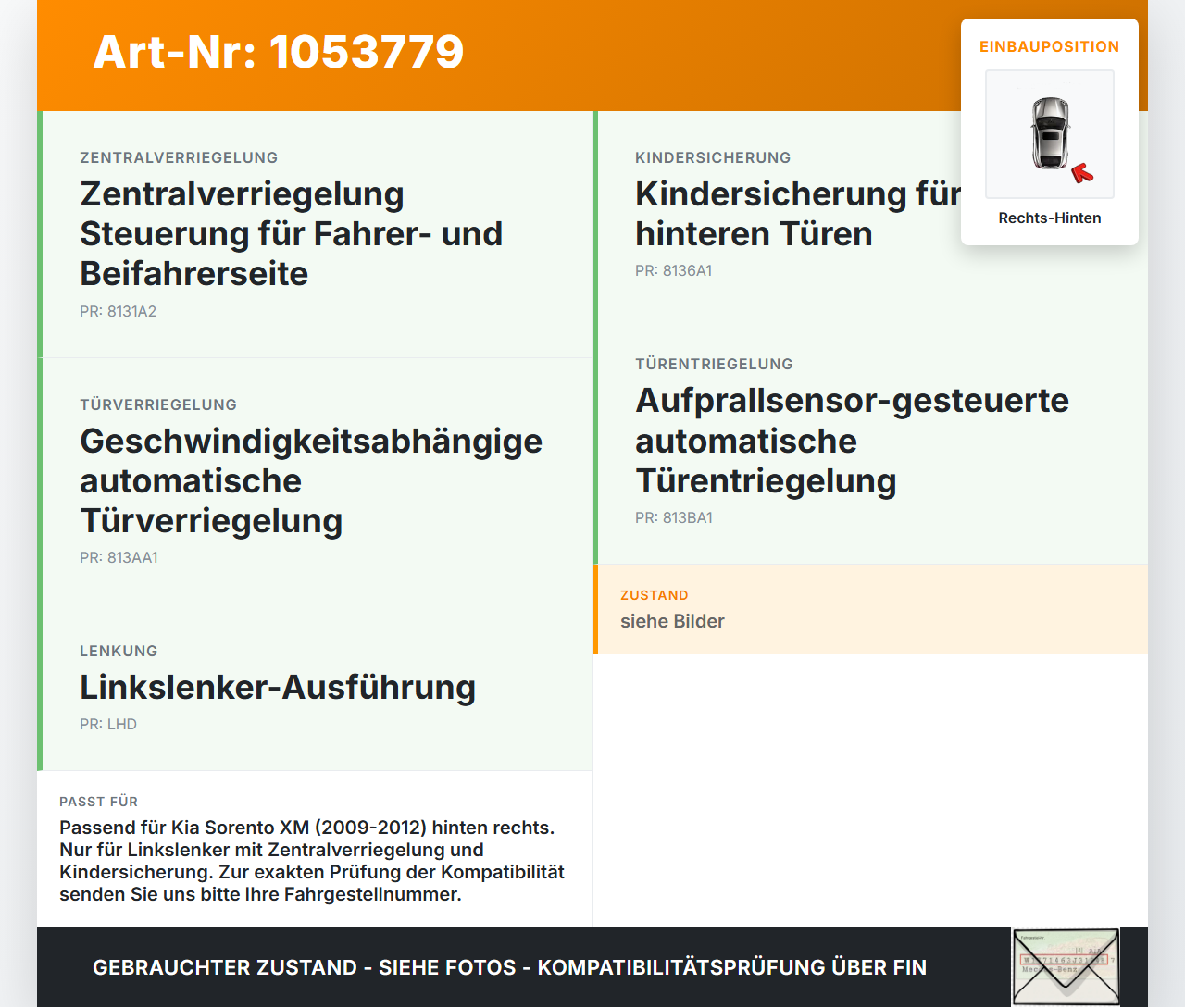 Kia Sorento XM 09-12 Türschloss m. ZV Stellmotor Rechts Hinten Kia Sorento XM 09-12 19.05.2010 814202P000 gebraucht Vorschau 3